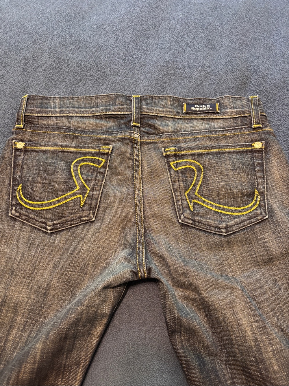 Rock & Republic Men’s Gray Jeans with Yellow Back Pocket Stitching